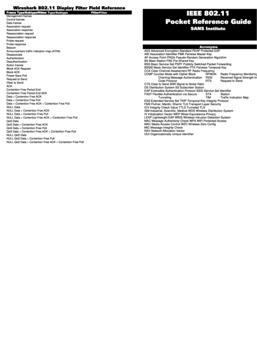 Wireshark 802.11 Display Filter Field Reference Printable pdf