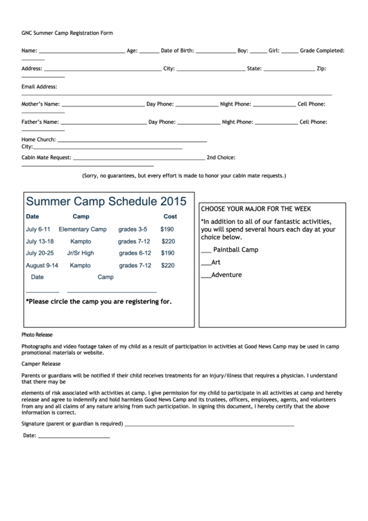 Gnc 2015 Summer Camp Registration Form Printable pdf