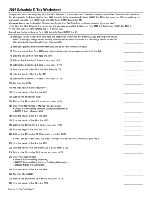 Fillable Schedule D - Tax Worksheet - 2015 Printable pdf