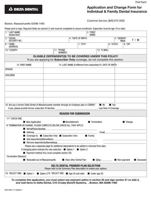 Fillable Form Ddp-692 - Application And Change Form For Individual & Family Dental Insurance Printable pdf