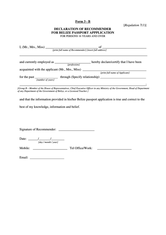 Form 3 - B - Declaration Of Recommeder For Belize Passport Application Printable pdf