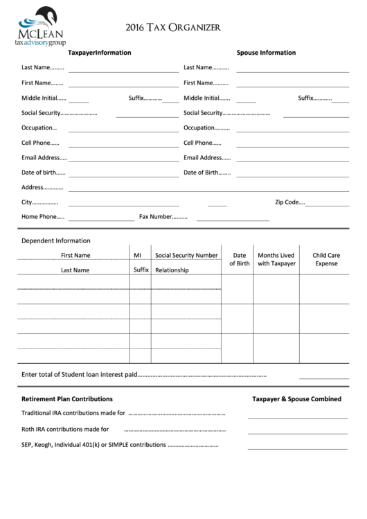 Tax Organizer Template - 2016 Printable pdf
