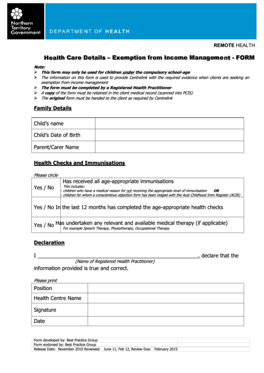 Fillable Exemption From Income Management Form Printable pdf