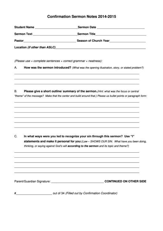 Confirmation Sermon Notes Template Printable Pdf Download