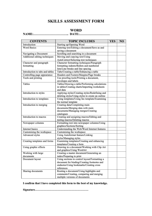 Skills Assessment Form Template Printable pdf