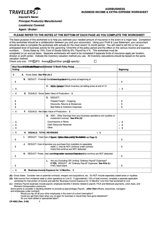 Agribusiness Business Income & Extra Expense Worksheet