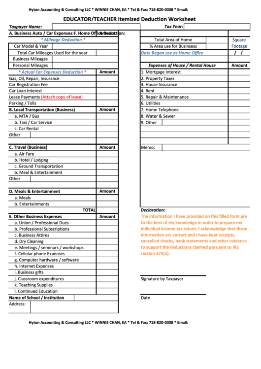 Fillable Educator/teacher Itemized Deduction Worksheet Printable pdf