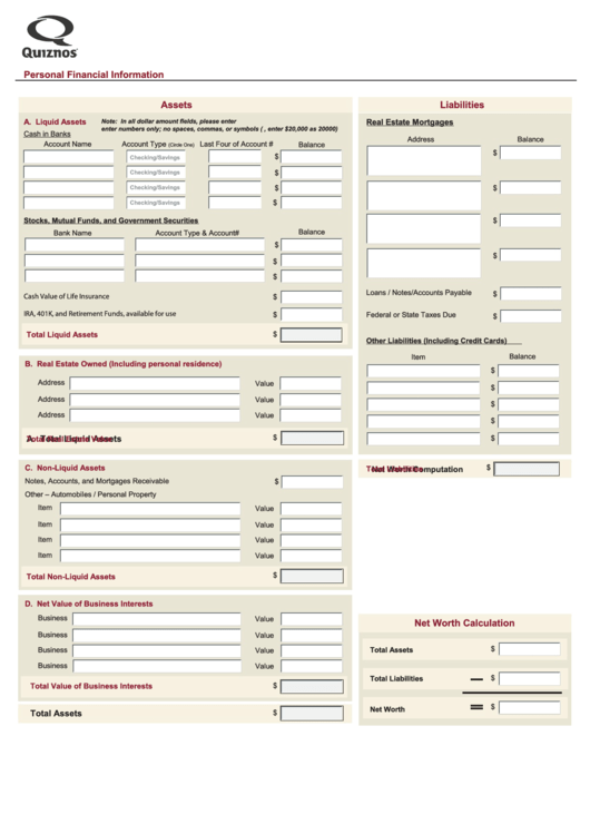 Personal Financial Information Printable pdf