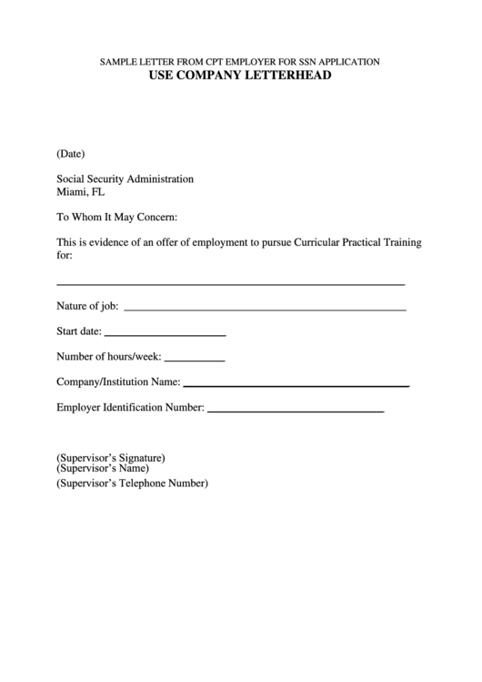 Sample Letter From Cpt Employer For Ssn Application Printable pdf