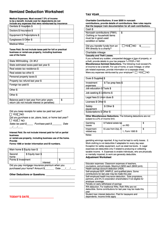 Itemized Deduction Worksheet Printable pdf