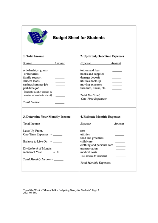 Student Budget Sheet Template Printable pdf