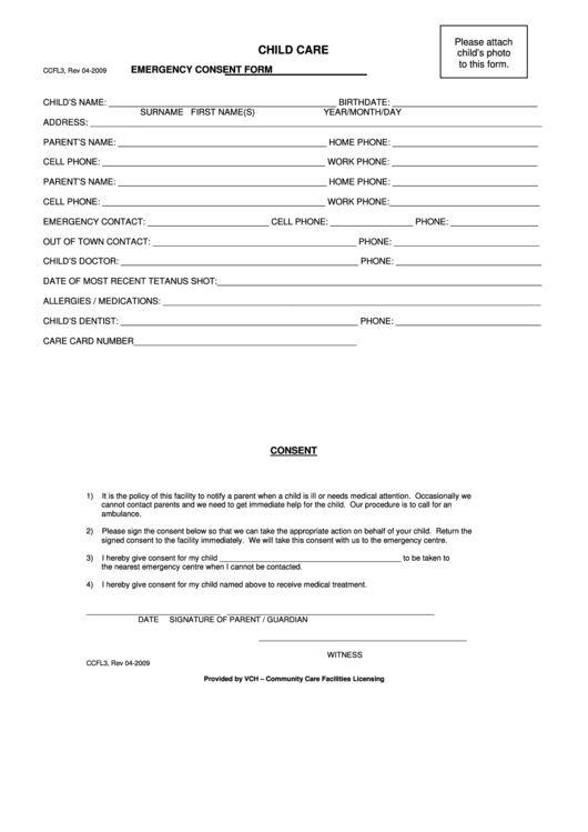 Child Care-emergency Consent Form