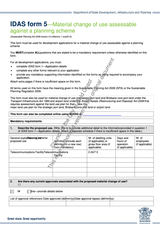 Da Idas Form 5 - Material Change Of Use Assessable Against A Planning Scheme Printable pdf