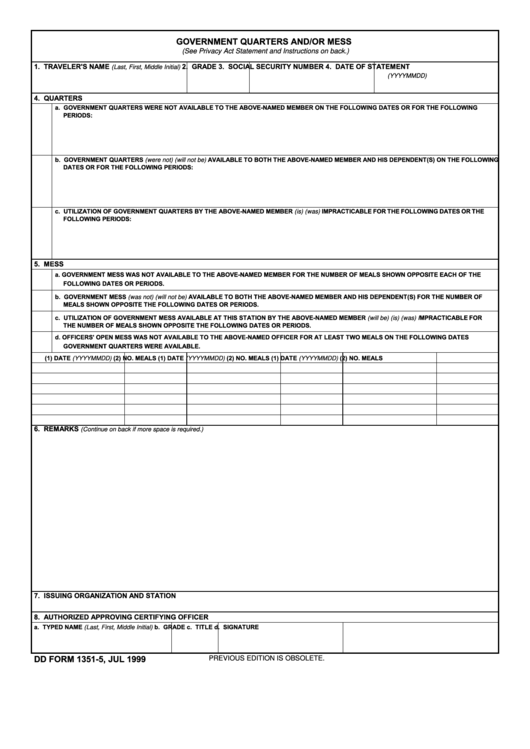 Fillable Dd Form 1351-5 - Government Quarters And/or Mess, July 1999 Printable pdf
