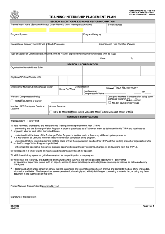 Fillable Form Ds-7002 - Training/internship Placement Plan Printable pdf