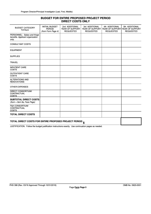 Fillable Form Phs 398 - Budget For Entire Proposed Project Period Printable pdf
