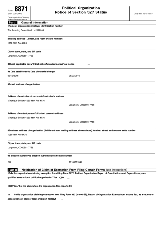 Irs Form 8871 - Political Organization Notice Of Section 527 Status Printable pdf