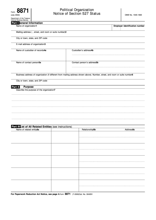 Form 8871 - Political Organization Notice Of Section 527 Status Printable pdf