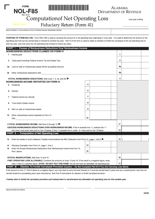 Fillable Form Nol-F85 - Computation Of Net Operating Loss Fiduciary Return (Form 41) - Alabama Department Of Revenue - 2012 Printable pdf