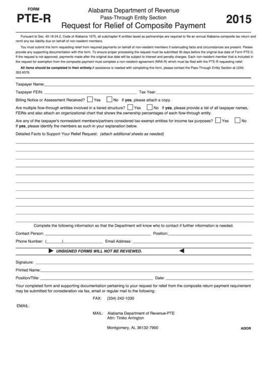 Fillable Form Pte-R - Relief Of Composite Payment Request, Composite Payment - 2015 Printable pdf