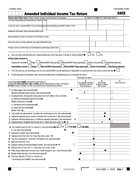 Fillable California Form 540x - Amended Individual Income Tax Return Printable pdf