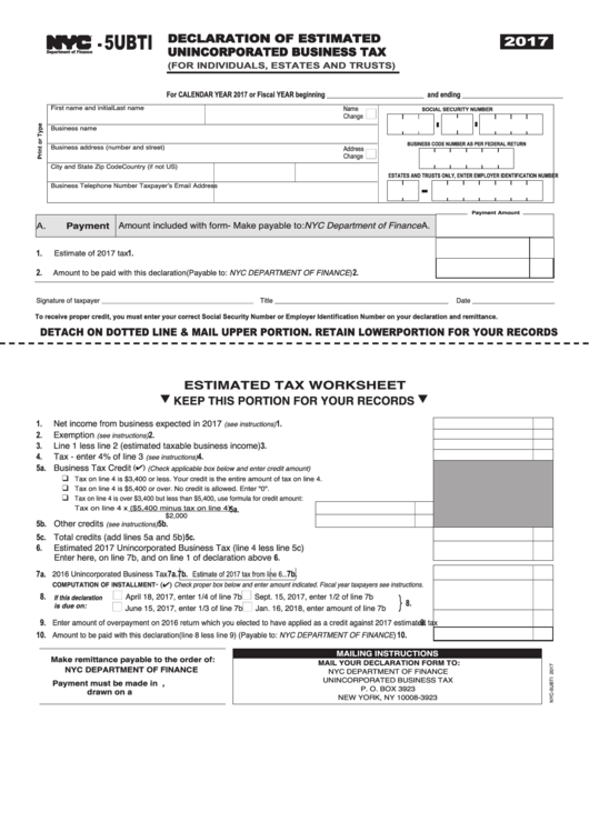 Form Nyc-5ubti - Declaration Of Estimated Unincorporated Business Tax (For Individuals, Estates And Trusts) - 2017 Printable pdf