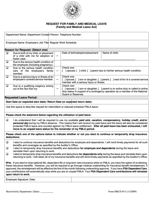 Form Hr/cs #13 - Request For Family And Medical Leave (Family And Medical Leave Act) - Dallas, Texas Printable pdf