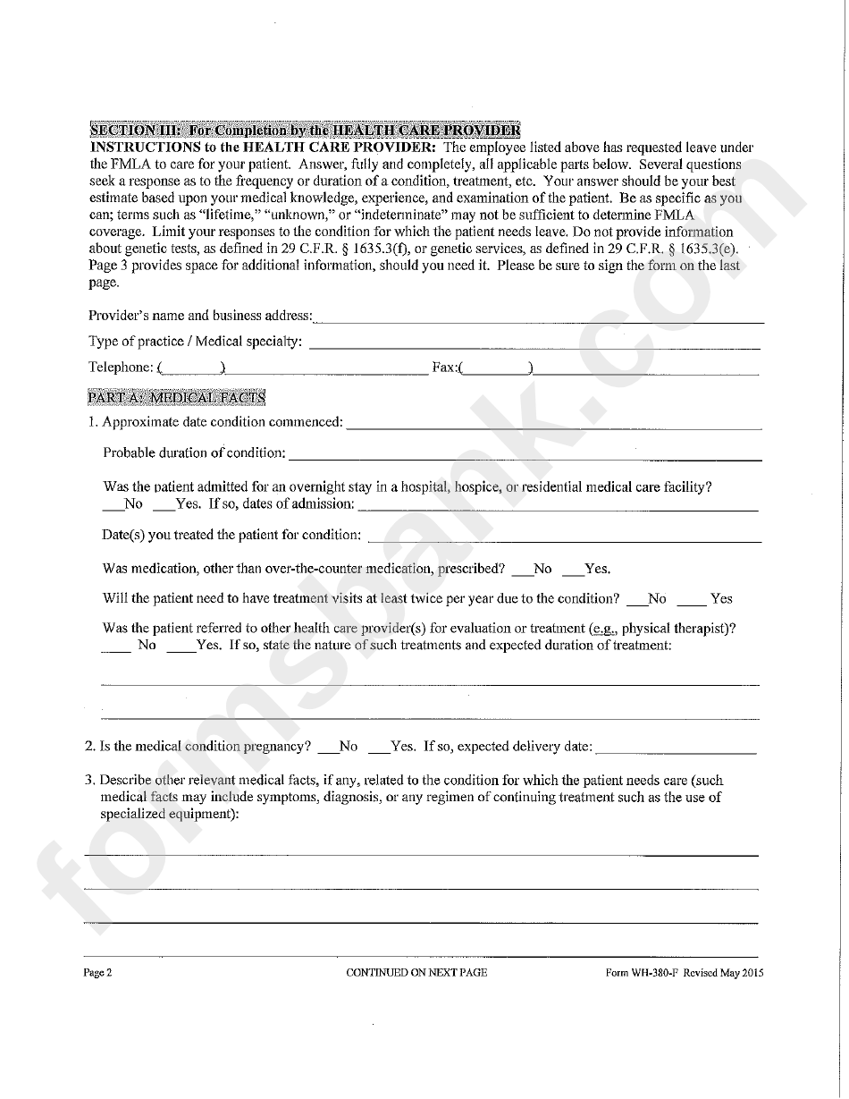 Form Wh-380-F - Certification Of Health Care Provider For Member