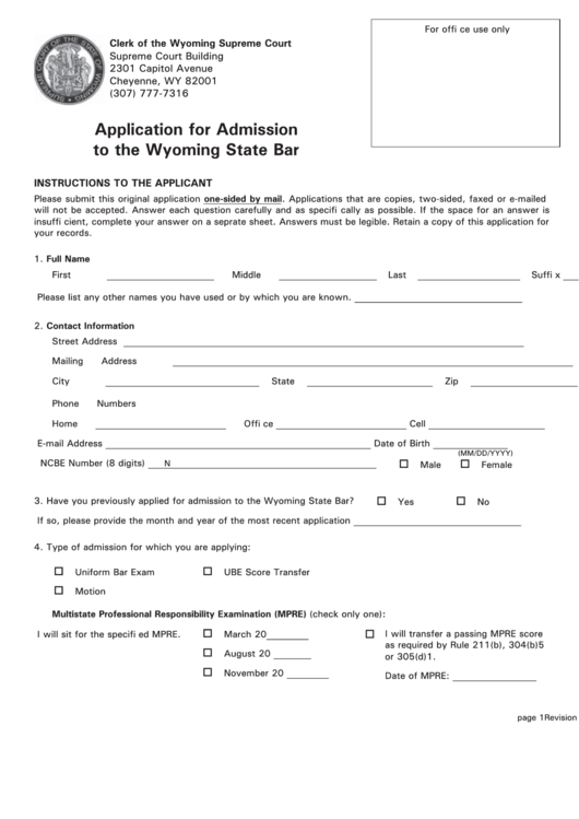 Fillable Application For Admission To The Wyoming State Bar Printable pdf
