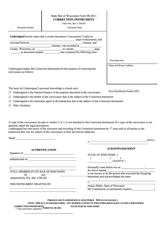 State Bar Of Wisconsin Form 00-2011 Correction Instrument Printable pdf