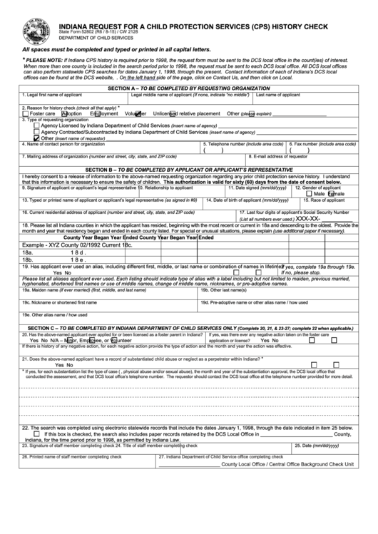 Fillable Indiana Request For A Child Protection Services (Cps) History Check Form Printable pdf
