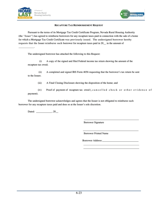 Recapture Tax Reimbursement Request Form Printable pdf