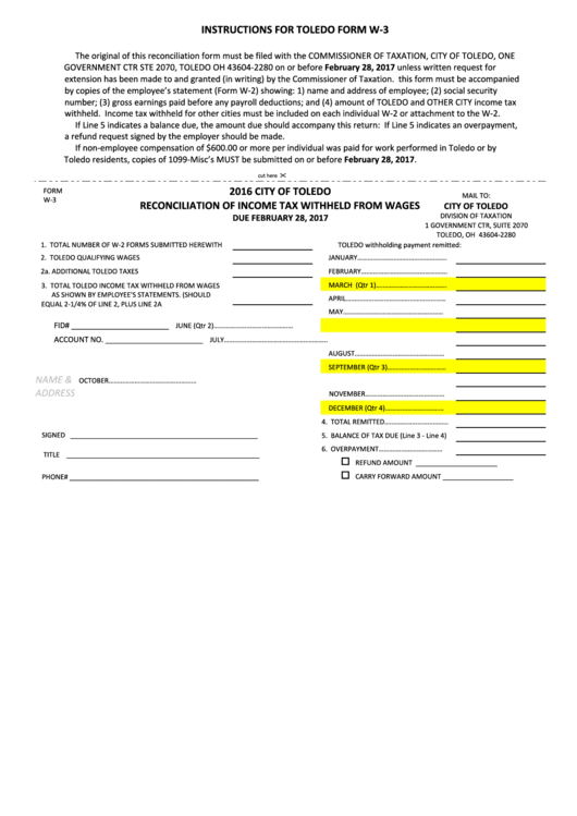 Fillable Form W-3 - Reconciliation Of Income Tax Withheld From Wages - 2016 Printable pdf