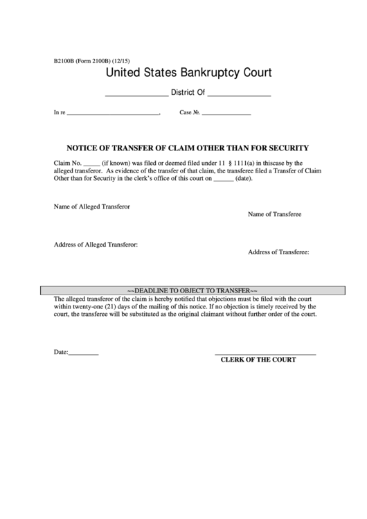 Notice Of Transfer Of Claim Other Than For Security Template Printable pdf