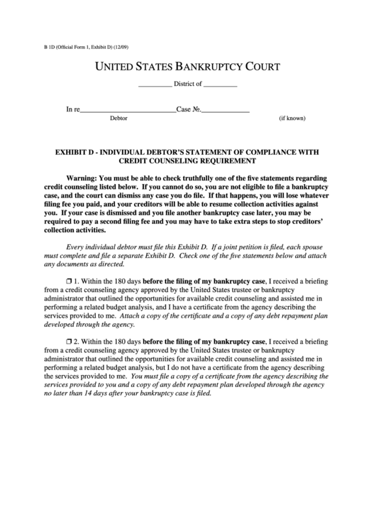 Official Form 1, Exhibit D - United States Bankruptcy Court - Individual Debtor