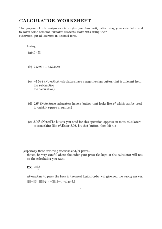 Calculator Worksheet Printable pdf