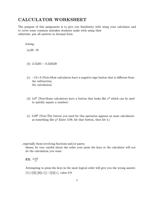 Calculator Worksheet Printable Pdf Download