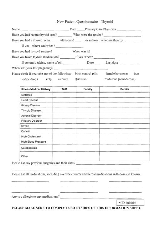 New Patient Questionnaire - Thyroid Printable pdf