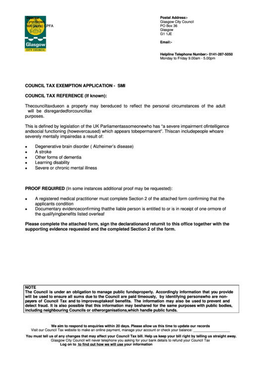 Council Tax Exemption Application - Glasgow City Council Printable pdf