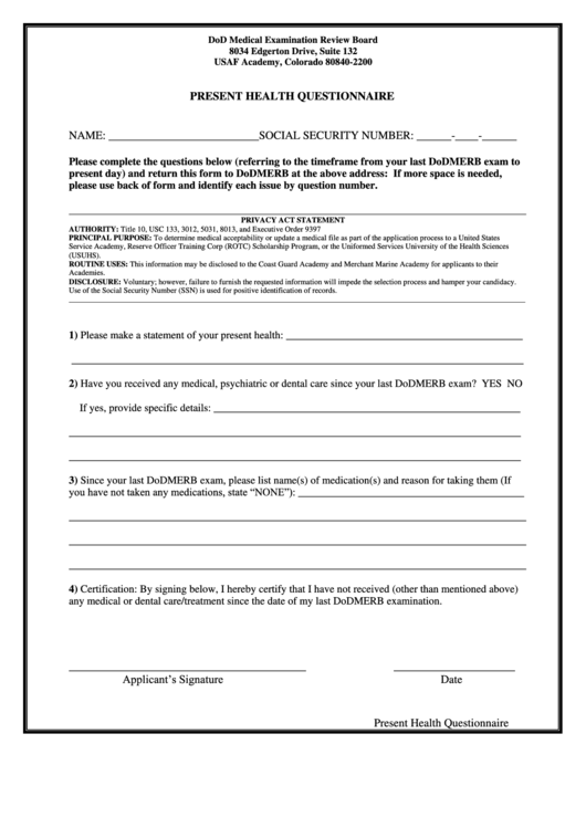 Present Health Questionnaire - Dodmerb Printable pdf