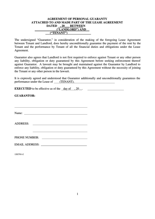 Agreement Of Personal Guaranty Attached To And Made Part Of The Lease Agreement Template Printable pdf