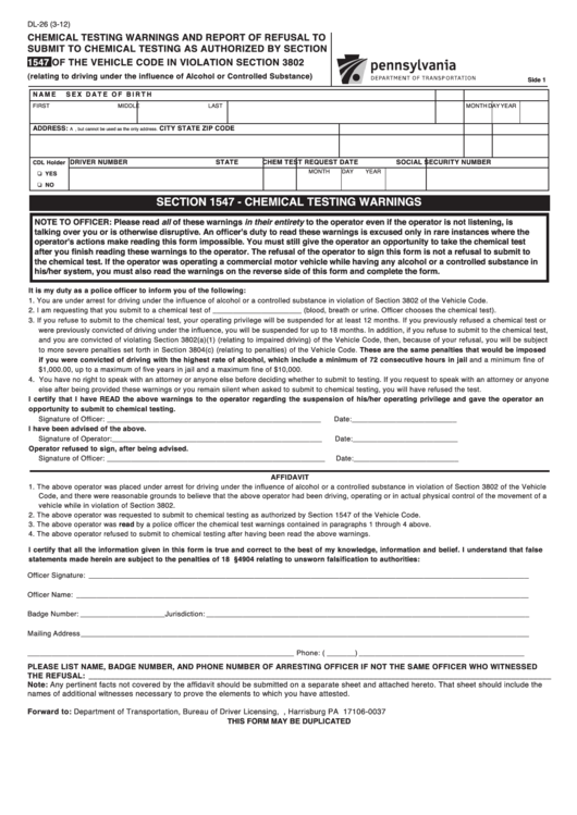 Dl-26 - Chemical Testing Warnings And Report Of Refusal To Submit To Chemical Testing As Authorized By Section 1547 Of The Vehicle Code In Violation Section - Pennsylvania Department Of Transportation Printable pdf