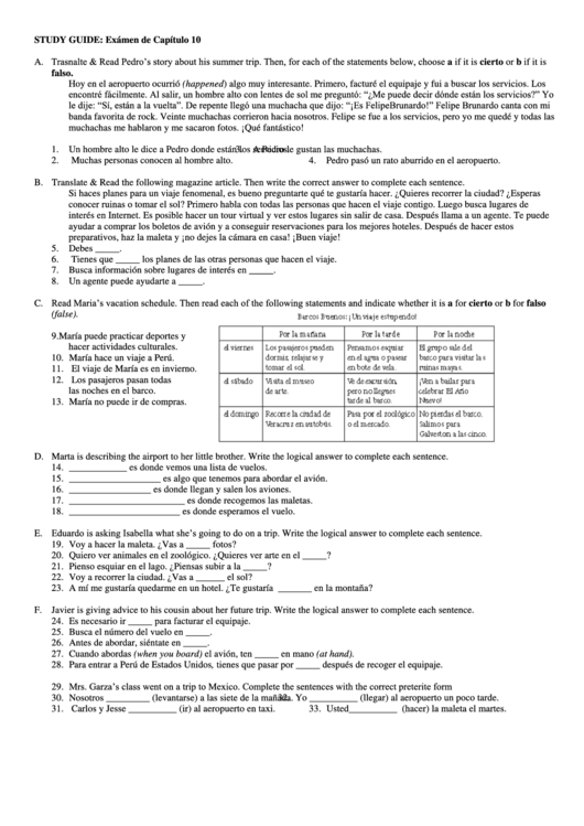 Study Guide: Examen De Capitulo 10 Printable pdf