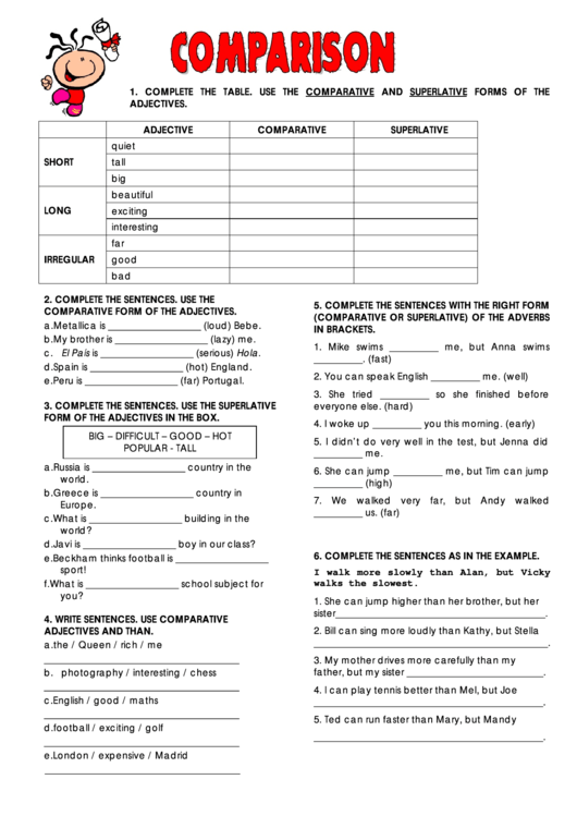 Comparison Worksheet - Adjectives Printable pdf
