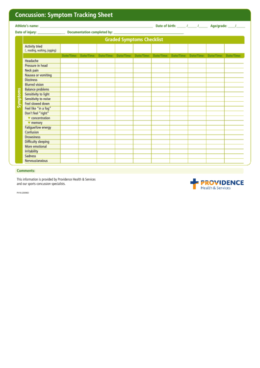 Concussion: Symptom Tracking Sheet Template Printable pdf
