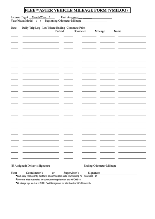 Fleetmaster Vehicle Mileage Form (Vmiloo) Printable pdf