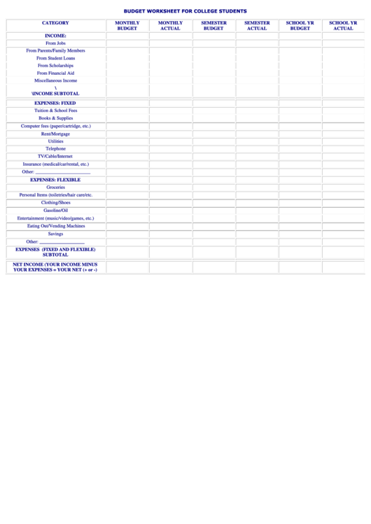 Budget Worksheet Template For College Students Printable pdf