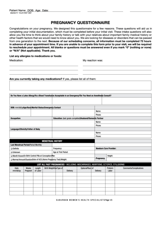 Fillable Pregnancy Questionnaire Template Printable pdf