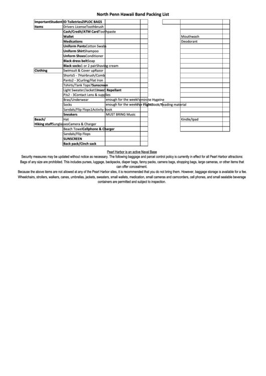 North Penn Hawaii Band Packing List Printable pdf