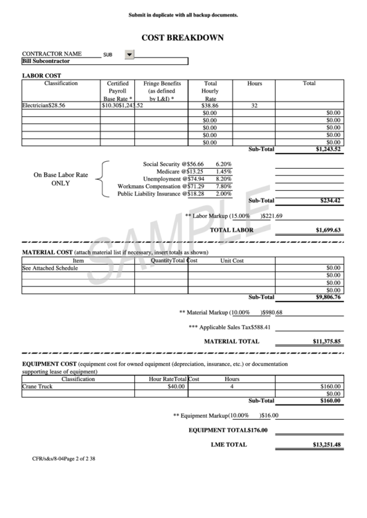 Cost Breakdown Spreadsheet Template Printable pdf